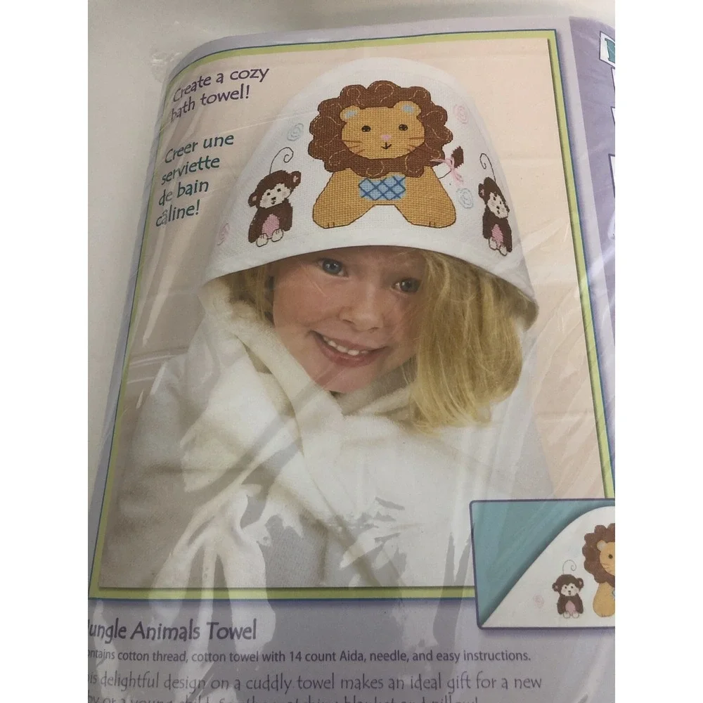 Dimensions Jungle Animals Cross Stitch Towel Kit Baby  New Lion Monkey 73393